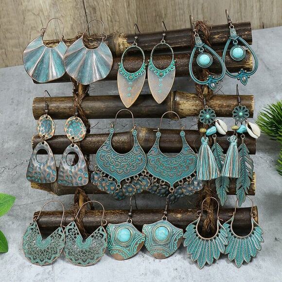 Turquoise Vintage Gold Hip-Hop Retro Leaf Alloy Aztec Drop Earrings Boho Ethnic - Picture 2 of 6